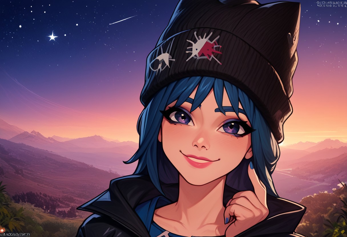 score_9, score_8_up, score_8, picture, sited, edge of cliff, starry skies, sunset, coastal, hope_fortnite, blue hair, beanie, sexy, cute face, kawaii girl, smiling, posing, posing at an angle, dynamic sexy pose, very cute, adorable, shiny skin, volumetric lighting, aesthetic design, dramatic angle, dramatic framing, cinematic framing, y0tt4