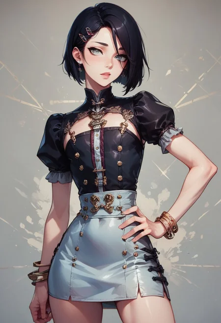 score_9, score_8_up, score_7_up, 1boy, femboy, otoko no ko, short hair, bob cut hair, black hair, grey eyes, gray eyes, feminine face, toned body, Shelly,
lace minidress, embroidered cutouts, earrings, bracelets, ornate hairclip,
highly detailed, intricate, zzCitronCAT, contrapposto, one hand on hip, one hand on head, modelshoot, geometric background