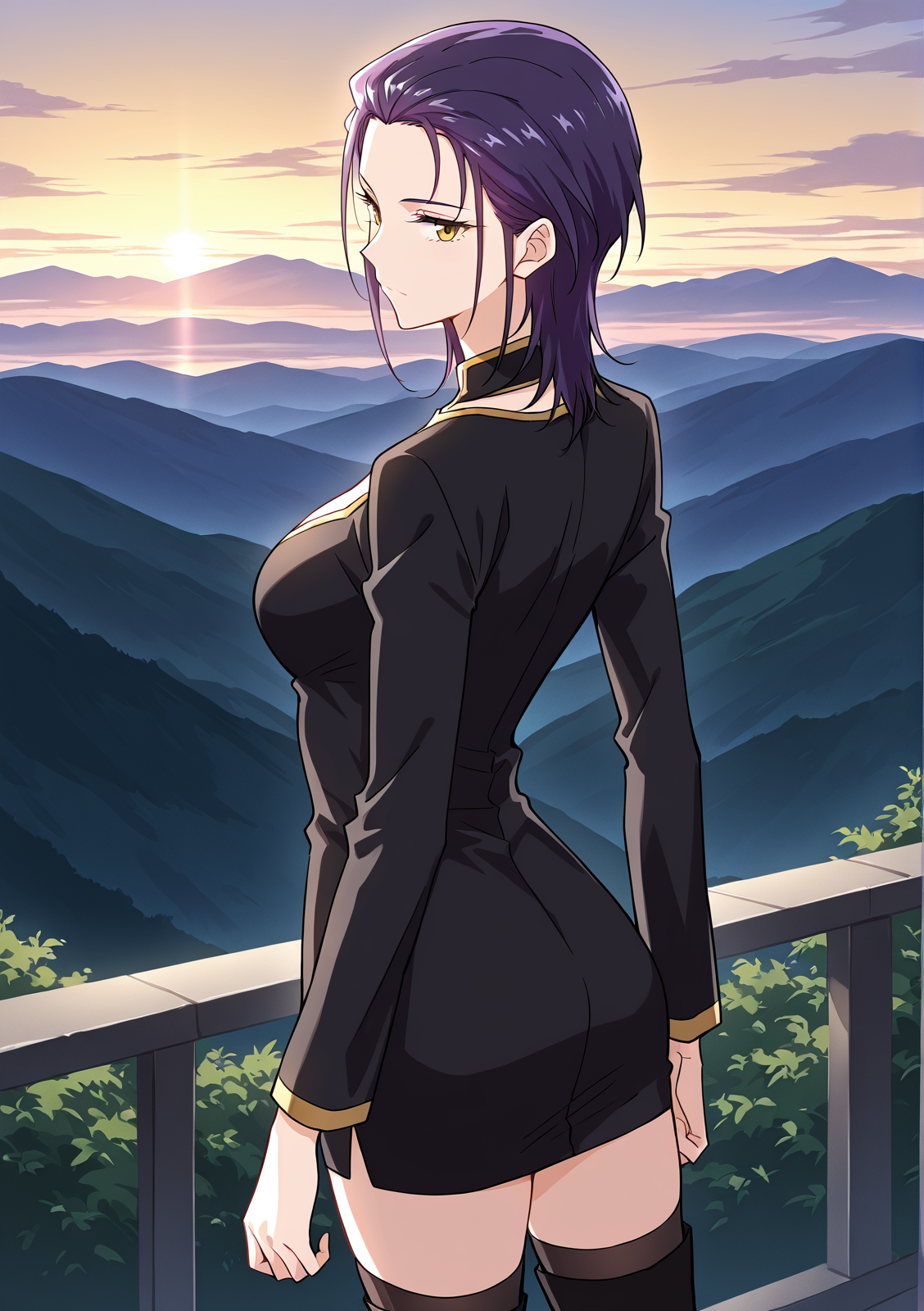 <lora:Immortal_Swordsman_In_The_Reverse_World__Ye_Qing_Mei:1>
1 girl, solo, purple hair, tied back hair, side part bangs, golden eyes, 
black dress with gold trim, long sleeves, deep neckline, short skirt, thigh high socks, black boots, 
score_9, score_8_up, score_7_up, source anime, BREAK, cowboy shot, (from side), looking back, looking at viewer, overlooking mountain, high altitude, scenery, exterior, background