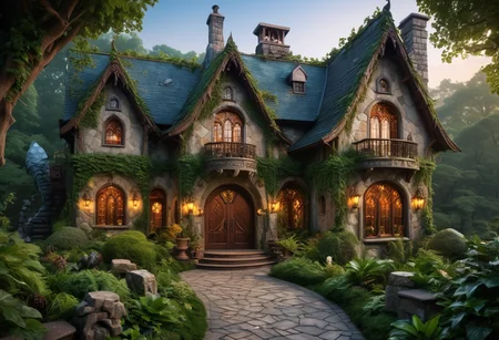 award winning, (professional photo) of (cozy fantasy manor) with enchanted stonework, shingled roof with ivy, Ice walls, stained glass windows with mythical scenes, ornate metal door with elven designs, ivy-covered walls veranda, wishing well dragon statues, located in a wild forest, with thick foliage, vibrant wildlife, rugged terrain, and secret paths, at twilight, , creative, beautiful, vibrant, masterpiece, 64k, UHD, HDR, full view, atmospheric lighting, extremely detailed