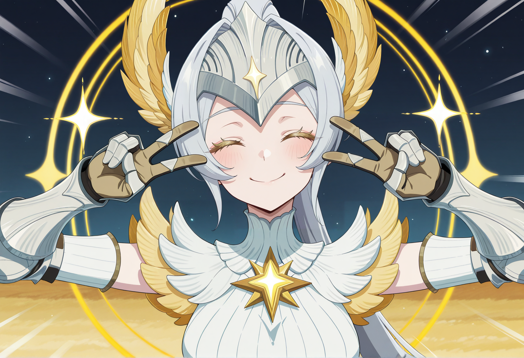 anime screencap, anime screenshot, anime coloring, emotional engine - full drive, double v, 1girl, very long hair, high ponytail, grey hair, yellow eyes, colored eyelashes, forehead protector, head wings, short dress, gauntlets, smile, closed eyes <lora:athalia_AFK:0.8>, masterpiece, best quality, amazing quality, very aesthetic, absurdres, highres, newest