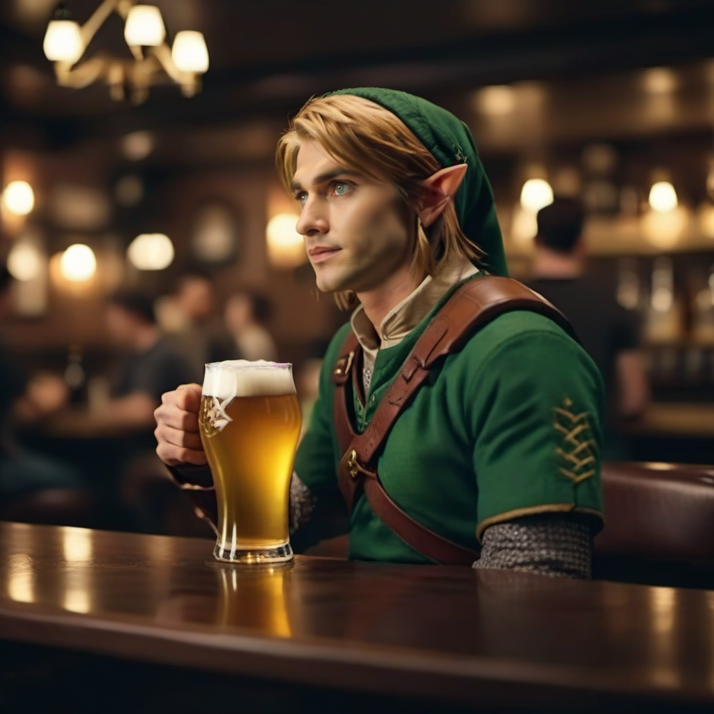 cinematic photo a man is link and having a beer in a pub <lora:Link1024:0.8> . 35mm photograph, film, bokeh, professional, 4k, highly detailed
