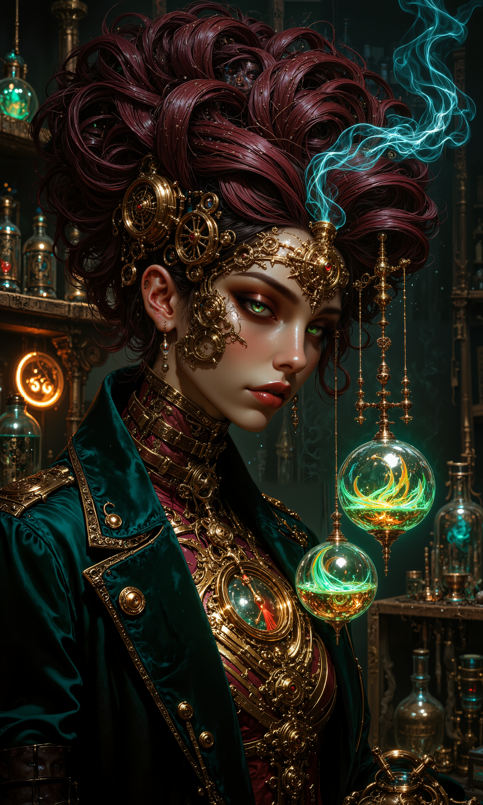 A hyper-realistic portrait of a radiant steampunk alchemist, her face illuminated by the soft glow of bioluminescent plants. She has piercing emerald eyes and copper-toned skin, adorned with intricate brass and copper clockwork tattoos. Her wild, voluminous hair is a mix of deep burgundy and shimmering gold, styled in an elaborate updo with gears and cogs woven throughout. She wears a high-collared Victorian-style jacket in deep forest green velvet, embellished with brass buttons and leather straps. Around her neck, a complex brass pendulum swings, surrounded by floating glass vials filled with vibrant, swirling liquids. The background is a dimly lit apothecary, shelves lined with mysterious potions, ancient tomes, and whirring mechanical contraptions. Soft tendrils of iridescent smoke curl around her, refracting light in mesmerizing patterns. The scene is captured in stunning 8K resolution, with a cinematic depth of field that accentuates the intricate details of her attire and surroundings. <lora:FluxMythAn1meL1nes:0.8> <lora:flux.1_lora_flyway_Epic-detail_v2:0.5> <lora:flux_dev:1>