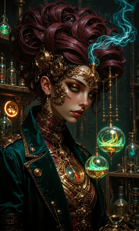 A hyper-realistic portrait of a radiant steampunk alchemist, her face illuminated by the soft glow of bioluminescent plants. She has piercing emerald eyes and copper-toned skin, adorned with intricate brass and copper clockwork tattoos. Her wild, voluminous hair is a mix of deep burgundy and shimmering gold, styled in an elaborate updo with gears and cogs woven throughout. She wears a high-collared Victorian-style jacket in deep forest green velvet, embellished with brass buttons and leather straps. Around her neck, a complex brass pendulum swings, surrounded by floating glass vials filled with vibrant, swirling liquids. The background is a dimly lit apothecary, shelves lined with mysterious potions, ancient tomes, and whirring mechanical contraptions. Soft tendrils of iridescent smoke curl around her, refracting light in mesmerizing patterns. The scene is captured in stunning 8K resolution, with a cinematic depth of field that accentuates the intricate details of her attire and surroundings. <lora:FluxMythAn1meL1nes:0.8> <lora:flux.1_lora_flyway_Epic-detail_v2:0.5> <lora:flux_dev:1>