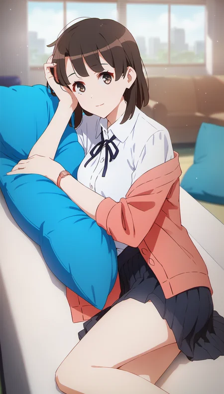 score_9,score_8_up,score_7_up,
<lora:megumikato>,
katomegumi,
1girl,solo,black hair,bangs,short hair,brown eyes,looking at viewer,smile,pink cardigan,white shirt,dark blue ribbon tie,wristwatch,black pleated skirt,on side,laying on blue pillow,hand supporting head,
blurry background,bloom,bloom,light particles,lens flare,indoors,living room,window,