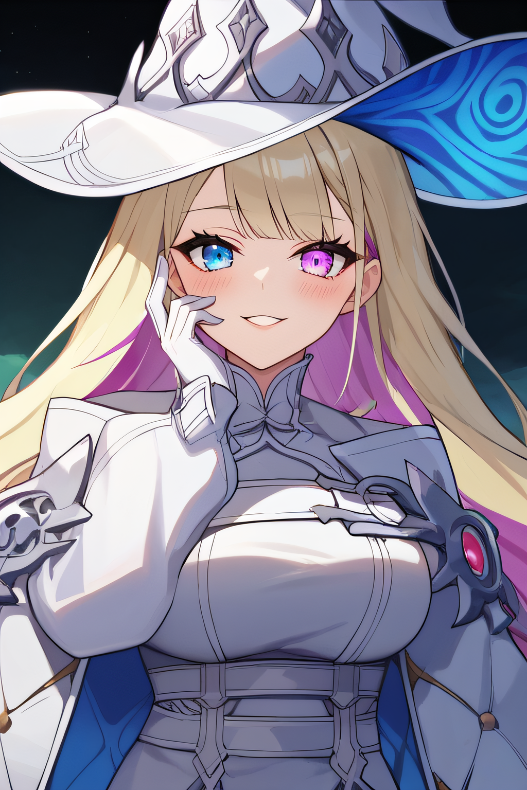 score_9, score_8_up, score_7_up, source_anime, rating_safe, intricate details, anime screencap, official style, 1girl, <lora:Diabellze:1>, diabellze, very long hair, streaked hair, multicolored hair, white witch hat, white jacket, white gloves, sleeves past wrists, smile, naughty face, looking at viewer, parted lips, upper body, hand on own cheek, heterochromia, purple eye, blue eye, blush, large breasts