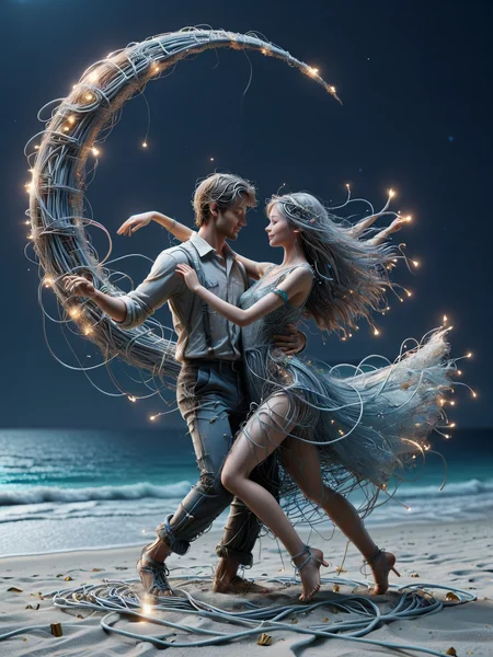 ais-wirez couple, dancing romantically on a moonlit beach with a gentle sea breeze <lora:Electrical_Wires_Style_SDXL:1>