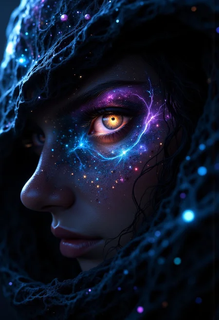 A galaxy in the eyes, a veil of stars and galactic fog. The skin is permeated with cosmic rays, extraterrestrial beauty, super realism.A galaxy in the eyes, a veil of stars and galactic fog. A close-up of the Sorceress' enigmatic eyes, swirling with intricate celestial patterns of galaxies, stars, and nebulas, their glowing light casting delicate highlights on her brows and lashes. The chiaroscuro style heightens the drama, with intense shadows framing her face and a soft celestial glow illuminating her features. The color palette of rich blues, purples, and shimmering golds contrasts beautifully with the deep shadows, creating a visually arresting image of infinite mystery and allure.