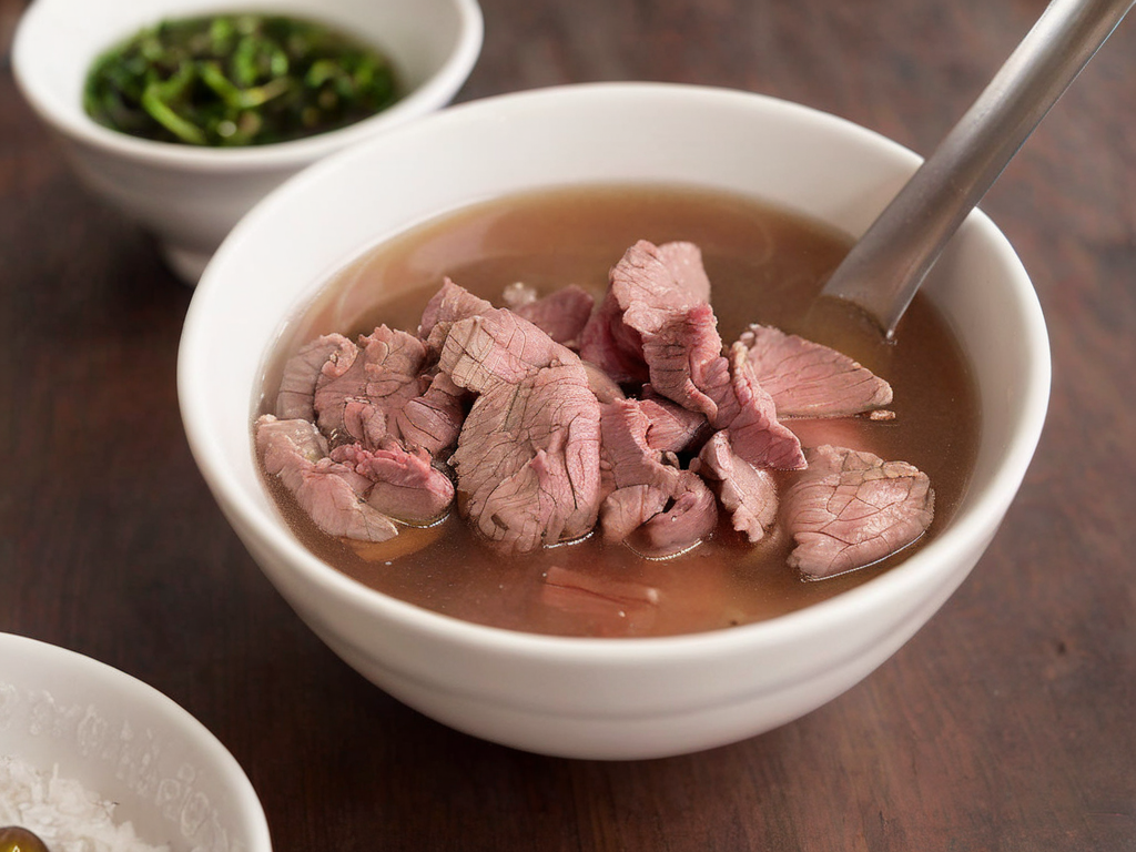 A high-resolution, hyper-realistic image of a bowl of Sweetbeefsoup. This traditional dish features a clear, sweet broth that is the star of the dish. The broth is simmered to perfection, with a hint of sweetness that tantalizes the taste buds. A subtle hint of pink is added to the broth, giving it a unique and appealing look. It's served in a traditional ceramic bowl, placed on a rustic wooden table. The scene is set in a cozy kitchen, with all elements in sharp focus, creating a clear and detailed image. The lighting should be warm and inviting, highlighting the appetizing qualities of the Sweetbeefsoup and the homely atmosphere of the setting, <lora:beefsoup:0.8>