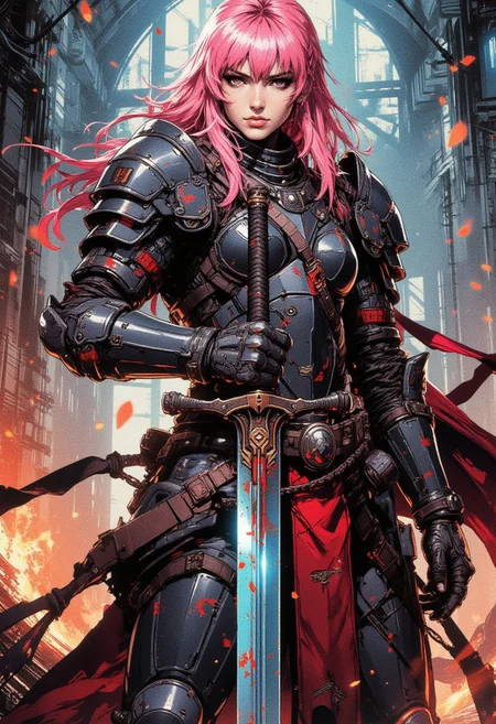 A digital painting in the style of ck-js, nistyle, a female paladin commander. Pink pink hair, eyeliner, eyeleashes, Black lips, bangs, sidelocks, graffited Full plate armor, standing in fortress, holding a sacred Avenger light bastard sword