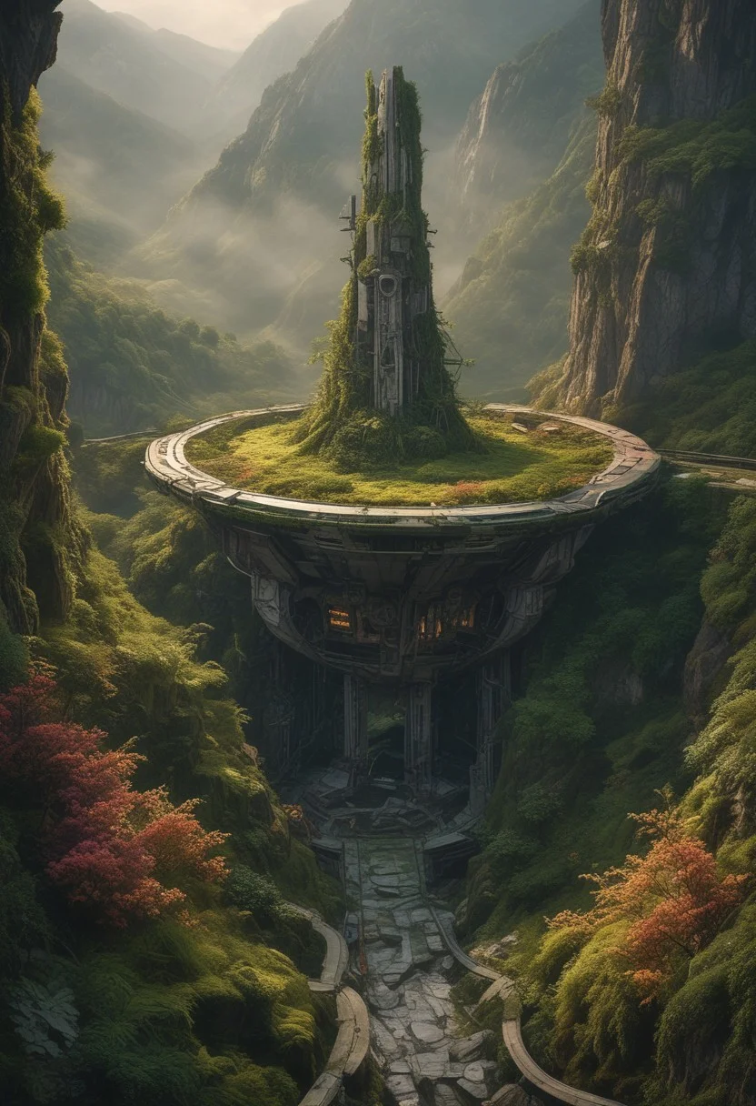 photograph, photorealistic, ultra-realistic, extremely detailed, wide angle, dilapidated out of service futuristic spacedock in a mountainous valley, overrun by nature, trees, moss, vines, flowers, sunrise, dramatic lighting, vibrant color palette