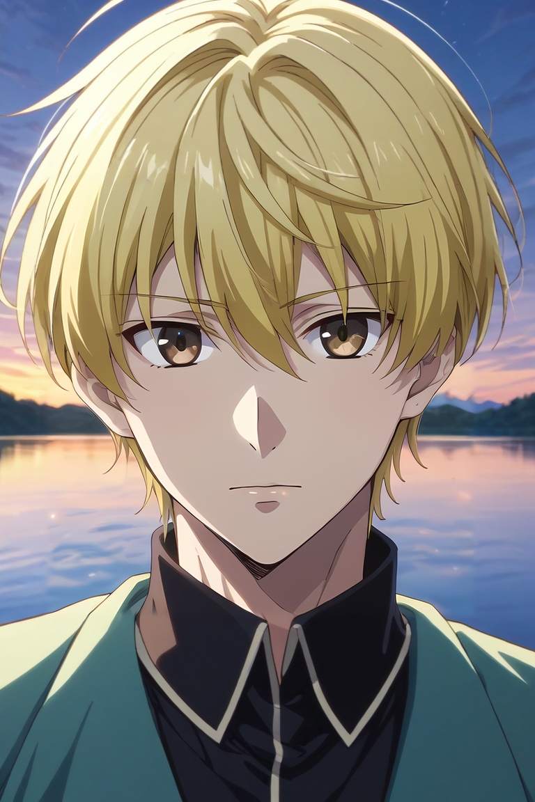 score_9, score_8_up, score_7_up, , rating_safe, intricate details, , looking at viewer, , 1boy, solo, male focus, <lora:momiji_souma_pony:0.74>, momiji_souma, blonde hair, brown eyes, short hair, hair between eyes, asymmetrical, lake, dusk, villain pose, :D, ,, <lora:sdxl_lightning_8step_lora:1>