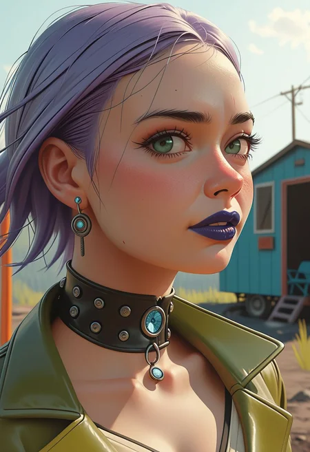 Dynamic wide angle full body view of a country side female goofy baker of an alternative retro-futuristic era.
Cinematic.
Raw photo.
Stunning cleavage
Kissing expression.
The WOMAN's face must be accurate and visible in any detail.
The WOMAN has side-shaved purple hair.
The hair have cyan tips and green strains.
The WOMAN has heavy dark smokey makeup on the eyes.
The WOMAN has heavy dark matte dark-blue lipstick.
The WOMAN wears a very intricate and detailed leather and metal choker.
The WOMAN wears a piercing on the eyebrow.
The WOMAN wears a precious tiny diamond piercing on a naris.
The WOMAN wears red dices as ears jewels.
The WOMAN is looking straight at the viewer with tender expression and she is blushing, slightly shy.
The WOMAN's skin is very realistic and very accurately detailed.
The WOMAN is subtly smiling.
Many details everywhere.
Ray-Tracing.
Anti-Aliasing.
Realistic reflections.
Realistic soft shadows.
Slightly desaturated colors.
Insane quality.
Insane resolution.
Insane details.
Masterpiece.
16k resolution.
By Simon Stalenhag.