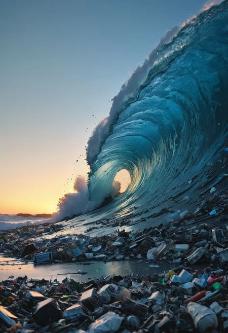 dvr-trsh, a colossal dystopian dark Large and High towering waste wave made of sss mad-garbage and dvr-trsh, Trash, waste and debris bearing down upon the viewer. Illuminate the need for environmental awareness and action through the lens of this powerful bleaked moody image.
during a beautiful sunrise, drmbgg, OverallDetail, very detailed, raw photo, a blue sunset landscape, photorealistic, high detailed texture, 8k uhd, dslr, soft lighting, high quality, film grain, highly detailed photography, Film grain, cinematic film still, shallow depth of field, highly detailed, high budget, cinemascope, moody, epic, , gorgeous, 2000s vintage RAW photo, photorealistic, candid camera, color graded cinematic, atmospheric lighting, skin pores, imperfections, natural, shallow dof