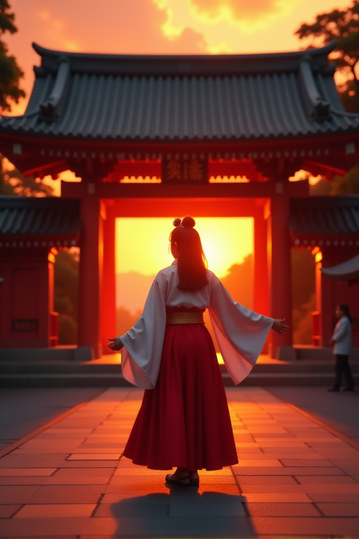 A Japanese Shinto shrine maiden performs a prayer dance in front of a shrine illuminated by the sunset.
FHD, Rich in details, masterpiece.âââ