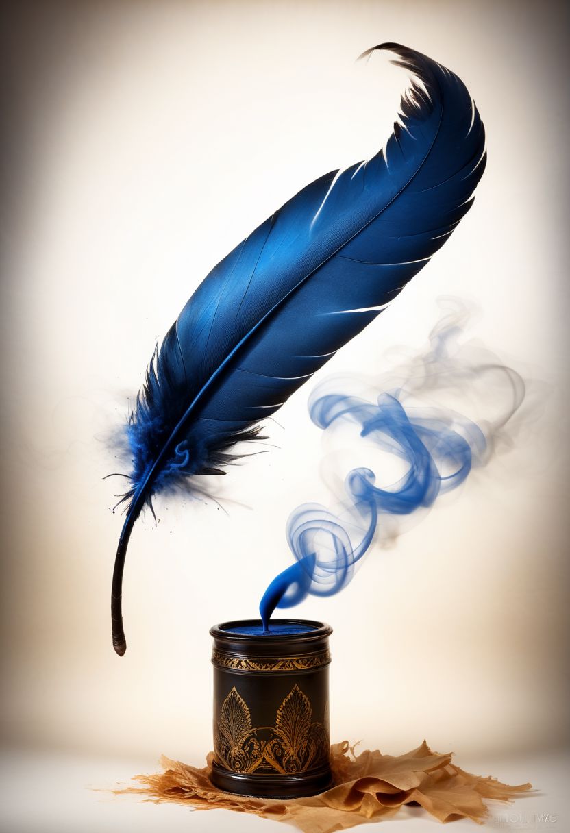 mysterious phoenix feather gliding through the air, feather dissolving into smoke, single drop of deep blue ink dropping from the tip of the feather into a half full ink pot while an old piece of aged paper scroll with beautiful writing and burning edges is hovering in the middle of it all, lightrays backlighting glorious feather, burning paper scroll dissoliving into smoke, lightrays backlighting smoke, fading blue red background, by Minjae Lee, Carne Griffiths, Emily Kell, Steve McCurry, Geoffroy Thoorens, Aaron Horkey, Jordan Grimmer, Greg Rutkowski, amazing depth, double exposure, surreal, geometric patterns, intricately detailed, bokeh,  perfect balanced, deep fine borders, artistic photorealism , smooth,  great masterwork by Suiras  <lora:add-detail-xl:2>  <lora:Double_Exposure:0.5>