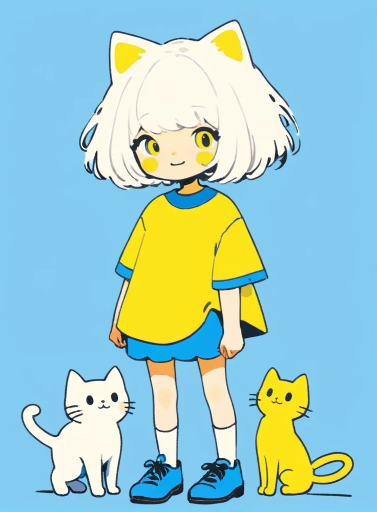 cute comic, 1girl, shirt, yellow shirt, shoes, yellow background, white hair, solo, short sleeves, blue footwear, short hair, simple background, cat, smile, holding, socks, standing, full body, looking at viewer, white cat, white socks, bangs, signature, holding animal, black eyes, blush, holding cat
<lora:sdxl_cute_social_comic-000002:0.65>