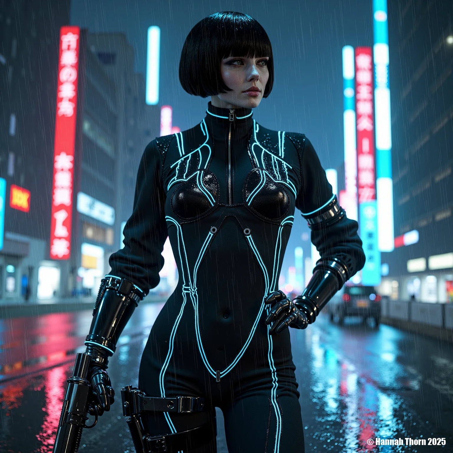 A hyperrealistic, full-body shot of a gender-fluid cyborg assassin, standing on a rain-slicked Tokyo rooftop at night. The assassin wears a sleek, black, tactical bodysuit with glowing neon blue circuitry tracing its contours. One cybernetically enhanced arm holds a suppressed, futuristic pistol, pointed downwards. Rain reflects the neon glow of the cityscape onto the assassin's chrome-plated, androgynous face, partially obscured by short, choppy, black hair. The background is a blur of vibrant neon signs, towering skyscrapers, and swirling rain. The lighting is dramatic, with sharp contrasts between the deep shadows and the intense neon highlights. The overall mood is cyberpunk, gritty, and dangerous, suggesting a world of advanced technology and moral ambiguity. The composition emphasizes the assassin's isolation and lethal efficiency against the backdrop of a sprawling, indifferent metropolis. <lora:_Flux\_Painting\Crepax_Valentina.safetensors:1.0:1.0>