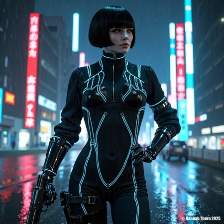 A hyperrealistic, full-body shot of a gender-fluid cyborg assassin, standing on a rain-slicked Tokyo rooftop at night. The assassin wears a sleek, black, tactical bodysuit with glowing neon blue circuitry tracing its contours. One cybernetically enhanced arm holds a suppressed, futuristic pistol, pointed downwards. Rain reflects the neon glow of the cityscape onto the assassin's chrome-plated, androgynous face, partially obscured by short, choppy, black hair. The background is a blur of vibrant neon signs, towering skyscrapers, and swirling rain. The lighting is dramatic, with sharp contrasts between the deep shadows and the intense neon highlights. The overall mood is cyberpunk, gritty, and dangerous, suggesting a world of advanced technology and moral ambiguity. The composition emphasizes the assassin's isolation and lethal efficiency against the backdrop of a sprawling, indifferent metropolis. <lora:_Flux\_Painting\Crepax_Valentina.safetensors:1.0:1.0>