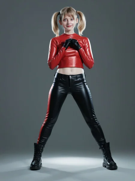 realistic,photo,
<lora:Ella_Freya_v1_biglust:1>ellfrya,full body,adult,
glistening_skin,(limited_palette:1.2) as Harley quinn,ponytails,pants
highly detailed,simple background,dramatic light,fog, rating_safe, best quality,masterpiece,from above, best quality,, rating_safe