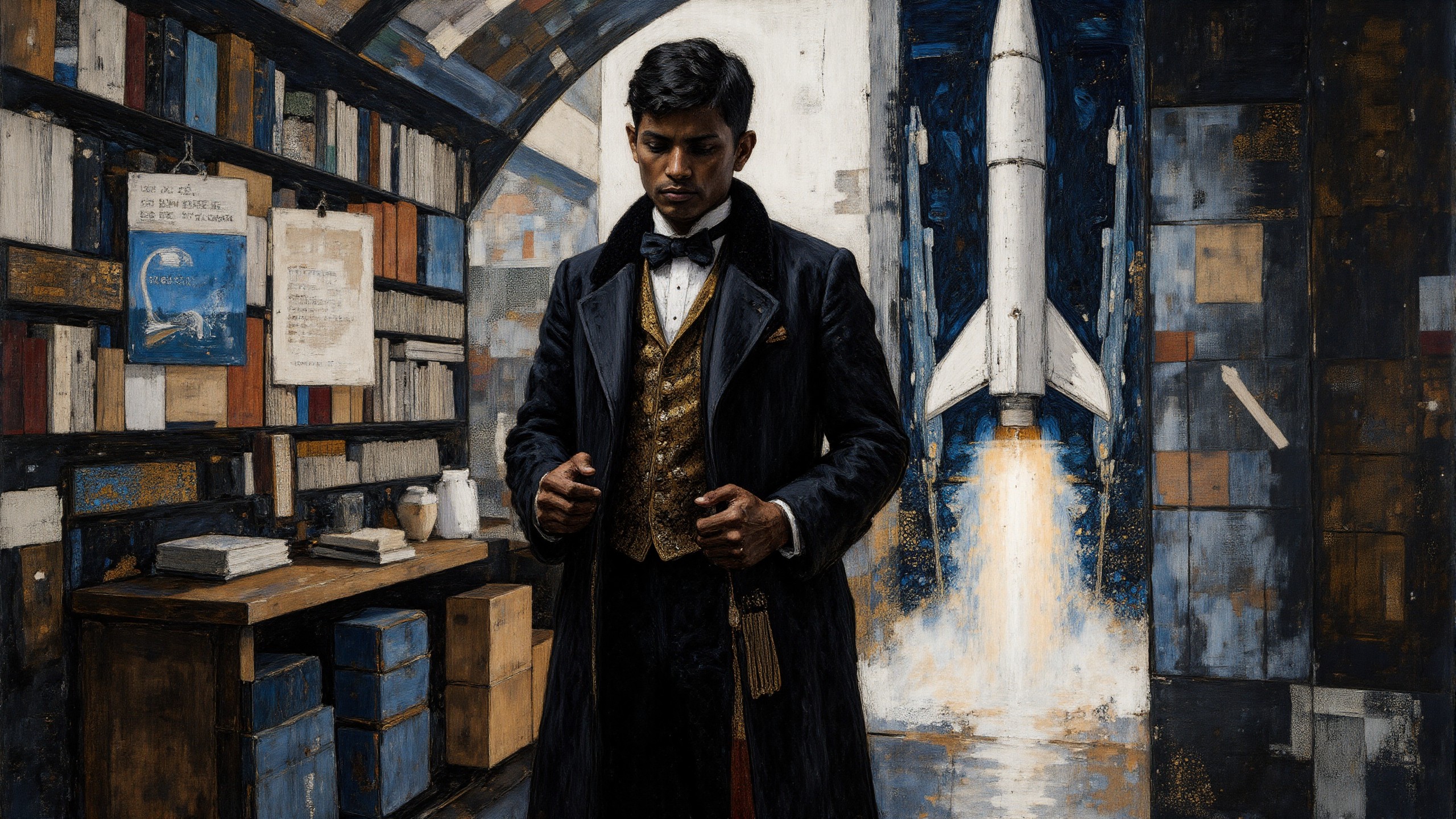 Side view, Kenyan, water theme, black-toned <lora:white1:1>, intricate white and blue and white random Primitive painting. The main subject is an abyssal mature steampunk clothed bejewelled shocked Victorian schoolmaster standing in front of a single rocket launch. The setting is busy and streamlined. The overall mood of the painting is of a mysterious moment in time. The black underpainting is obvious in many parts of the painting. <lora:Eldritch_Paint_Sketch_for_Flux_1.0.5:0.6> <lora:midjourney_whisper_chromaplex_v1:0.6> <lora:Paper_Marbling_Flux:0.5> <lora:BookOfKells-Rapid:0.4>