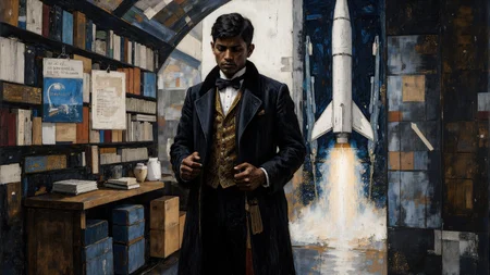 Side view, Kenyan, water theme, black-toned <lora:white1:1>, intricate white and blue and white random Primitive painting. The main subject is an abyssal mature steampunk clothed bejewelled shocked Victorian schoolmaster standing in front of a single rocket launch. The setting is busy and streamlined. The overall mood of the painting is of a mysterious moment in time. The black underpainting is obvious in many parts of the painting. <lora:Eldritch_Paint_Sketch_for_Flux_1.0.5:0.6> <lora:midjourney_whisper_chromaplex_v1:0.6> <lora:Paper_Marbling_Flux:0.5> <lora:BookOfKells-Rapid:0.4>