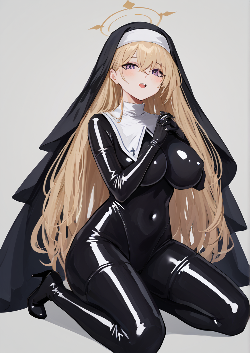 1girl, justina follower (blue archive), sakurako (blue archive), huge breast, black bodysuit, black footwear, black gloves, blonde hair, blush, bodysuit, bodysuit under clothes, boots, breasts, covered navel, covered nipples, gloves, habit, halo, high heels, highleg, highleg leotard, impossible clothes, impossible leotard, kneeling, latex, latex bodysuit, latex gloves, latex leotard, leotard, long hair, nun, own hands together, purple eyes, rubber gloves, shiny clothes, skin tight, solo, teeth, thigh boots, upper teeth only, very long hair, zPDXL3,  handfixer <lora:HandFixer_pdxl_Incrs_v1:1> <lora:pikuson:0.7>