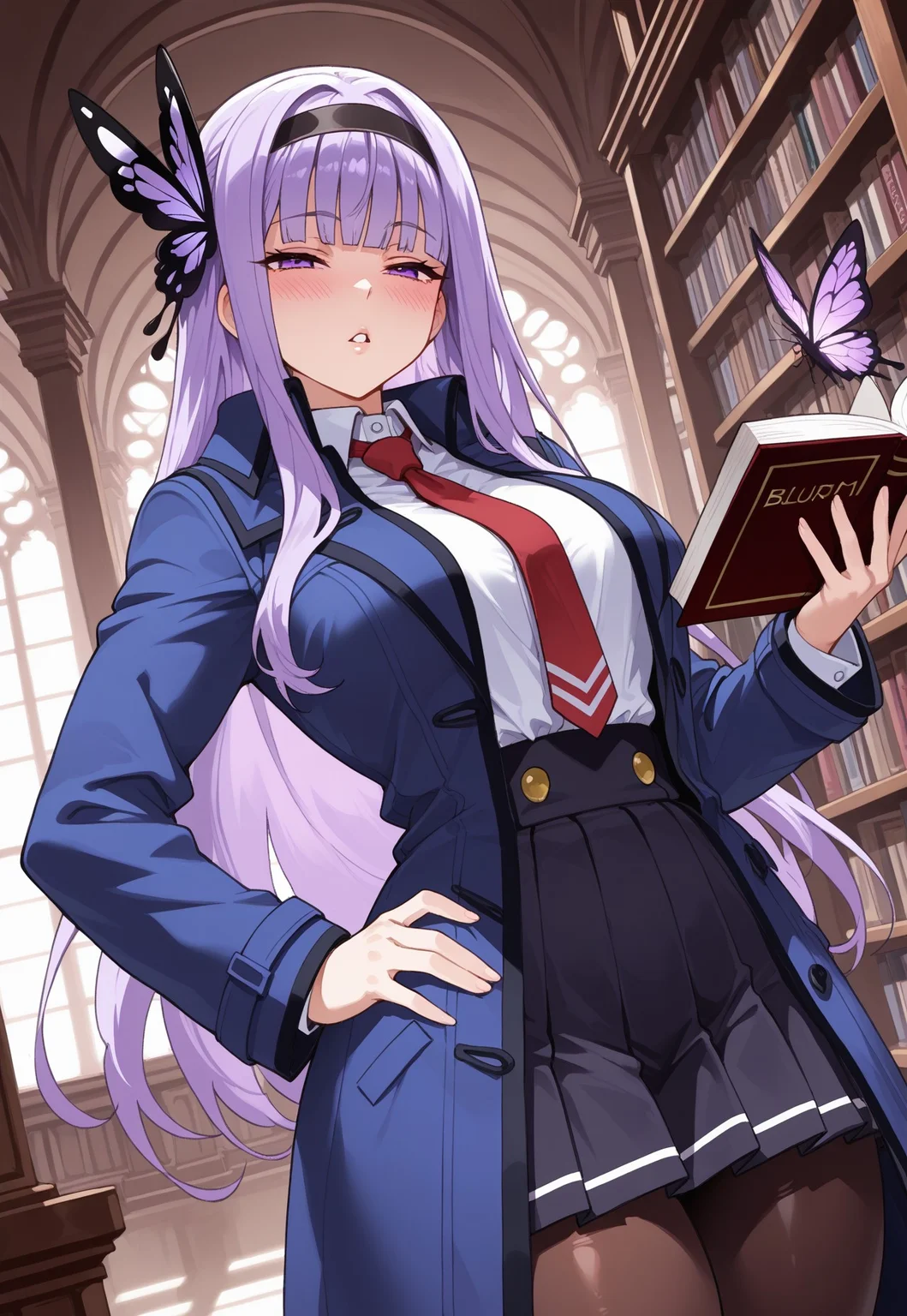 source_anime, 1girl, solo, Kajun, purple eyes, purple hair, thick thighs, blunt bangs, black hairband, hairhand between bangs, butterfly hair ornament, purple butterfly, white shirt, buttoned shirt, collar, red tie, pleated black skirt, long sleeves, coat, blue Coat, school uniform, brown pantyhose, looking at viewer, blushing, expressive face, cute, parted lips, narrowed eyes, ((covered shoulders, hand on hip, holding book)), standing, library background, indoors background, upper body, dutch angle, masterpiece, best quality