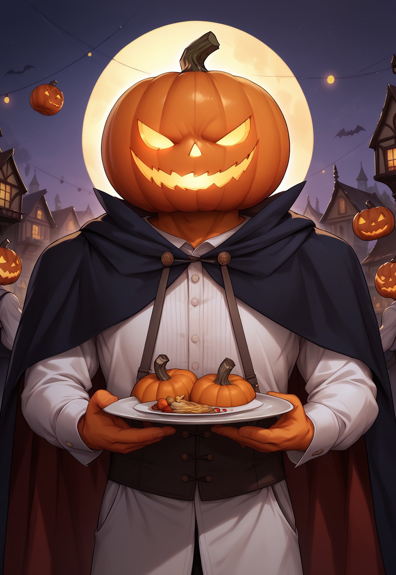 zPDXL3, score_9_up, score_8_up, score_7_up, detailed, (best quality:1.2), hi res, digital media \(artwork\) BREAK night, hige angle, jackolantern, pumpkin head, solo, 1boy, orange skin, cape, muscular, looking at viewer,Western-style clothes, Holding a plate, Tavern waiter, indoor, Halloween party, Halloween, Halloween style, Halloween background,surrounded by pumpkins in an army of carved jack-o'-lanterns, (detailed background:1.5)