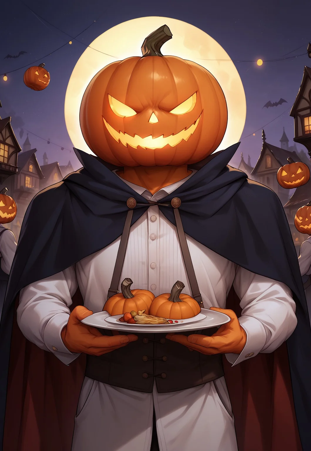 zPDXL3, score_9_up, score_8_up, score_7_up, detailed, (best quality:1.2), hi res, digital media \(artwork\) BREAK night, hige angle, jackolantern, pumpkin head, solo, 1boy, orange skin, cape, muscular, looking at viewer,Western-style clothes, Holding a plate, Tavern waiter, indoor, Halloween party, Halloween, Halloween style, Halloween background,surrounded by pumpkins in an army of carved jack-o'-lanterns, (detailed background:1.5)
