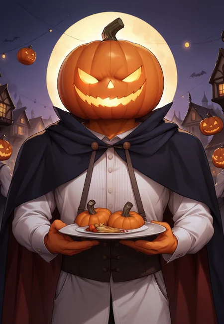 zPDXL3, score_9_up, score_8_up, score_7_up, detailed, (best quality:1.2), hi res, digital media \(artwork\) BREAK night, hige angle, jackolantern, pumpkin head, solo, 1boy, orange skin, cape, muscular, looking at viewer,Western-style clothes, Holding a plate, Tavern waiter, indoor, Halloween party, Halloween, Halloween style, Halloween background,surrounded by pumpkins in an army of carved jack-o'-lanterns, (detailed background:1.5)