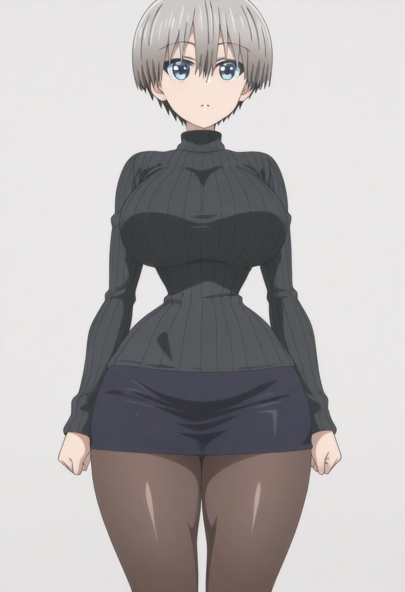 anime screencap, anime coloring, 
simple background, 
<lora:Hana_Uzaki_Uzaki-chan_Wants_to_Hang_Out_-_Illustrious_V2:1>1girl, Hana Uzaki (character), uzaki hana, short hair, bangs, hair between eyes, blue eyes, 
solo, alone, 
big breasts, (narrow waist:1.5), (wide hips:1.3), (thick thighs:1.5), 
black sweater, oversized sweater, black skirt, short skirt, pantyhose