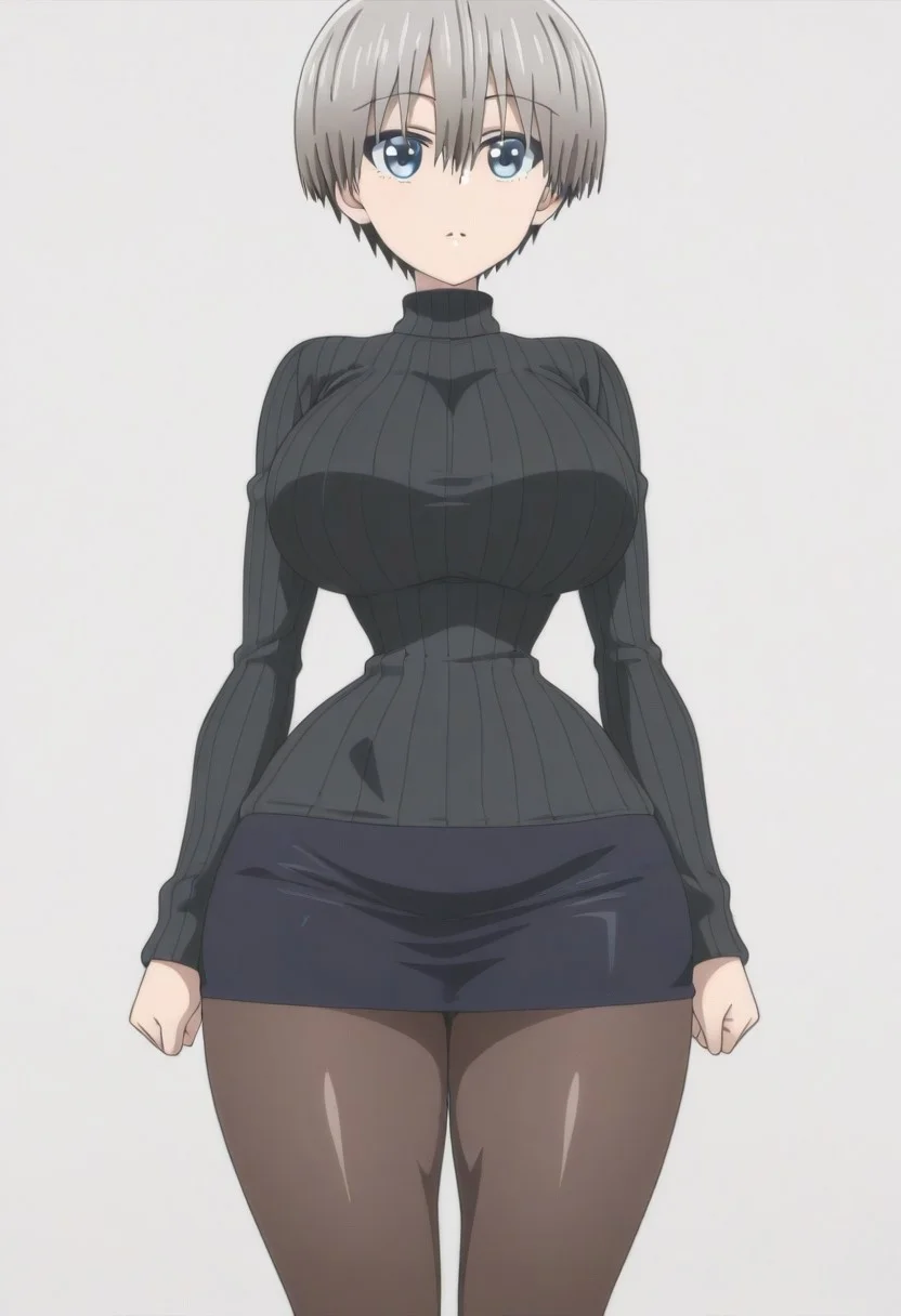 anime screencap, anime coloring,
simple background,
<lora:Hana_Uzaki_Uzaki-chan_Wants_to_Hang_Out_-_Illustrious_V2:1>1girl, Hana Uzaki (character), uzaki hana, short hair, bangs, hair between eyes, blue eyes,
solo, alone,
big breasts, (narrow waist:1.5), (wide hips:1.3), (thick thighs:1.5),
black sweater, oversized sweater, black skirt, short skirt, pantyhose