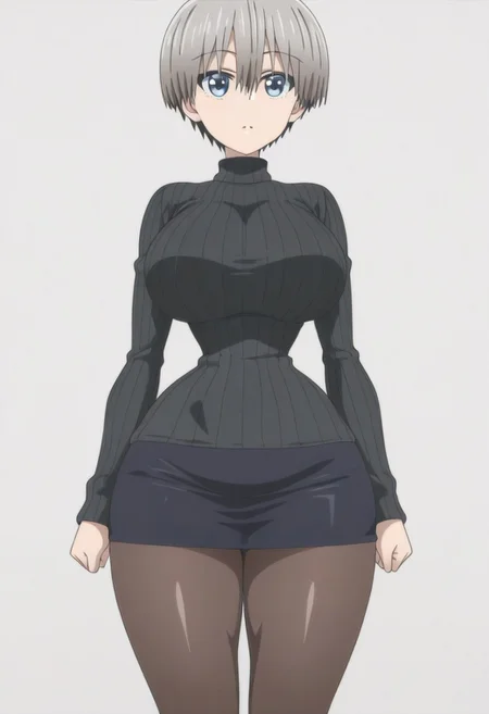 anime screencap, anime coloring,
simple background,
<lora:Hana_Uzaki_Uzaki-chan_Wants_to_Hang_Out_-_Illustrious_V2:1>1girl, Hana Uzaki (character), uzaki hana, short hair, bangs, hair between eyes, blue eyes,
solo, alone,
big breasts, (narrow waist:1.5), (wide hips:1.3), (thick thighs:1.5),
black sweater, oversized sweater, black skirt, short skirt, pantyhose