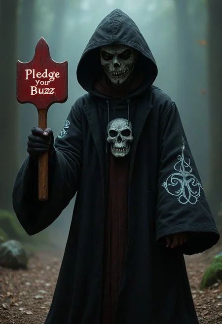 A college fraternity pledge in ceremonial robes, intricate details and a mask that obscures his eyes, he points his index finger towards the viewer while holding a (((fraternity paddle))) in his other hand, etched with blood, has the text: “Pledge Your Buzz"
 <lora:aidmaFluxStyleXL-v0.2:0.85> flux-style, tendrils of black fog, detailed intricate black gothic armor, hooded cloak, dark contrast and cinematic lighting, soul knight,