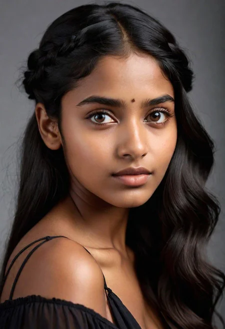 portrait, 20 year old dark skinned Indian woman, large round eyes, downturned eyes, triangular face, high cheekbones, long braided black hair, high cheekbones. delicate cleft chin