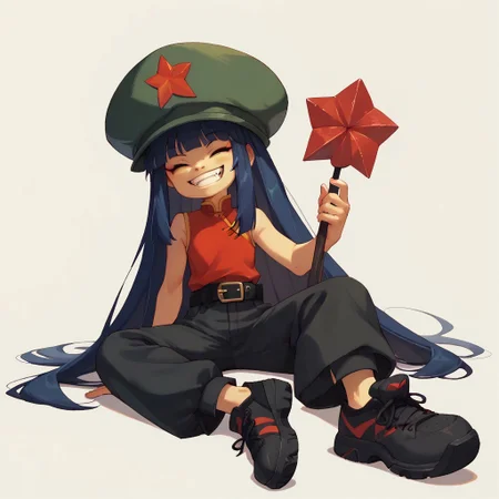 score_9, score_8_up, score_7_up BREAK FangMali, 1girl, dark blue hair, closed eyes, green hat with red star, sleeveless chinese shirt, black belt, black pants, black chinese shoes, smiling at viewer,