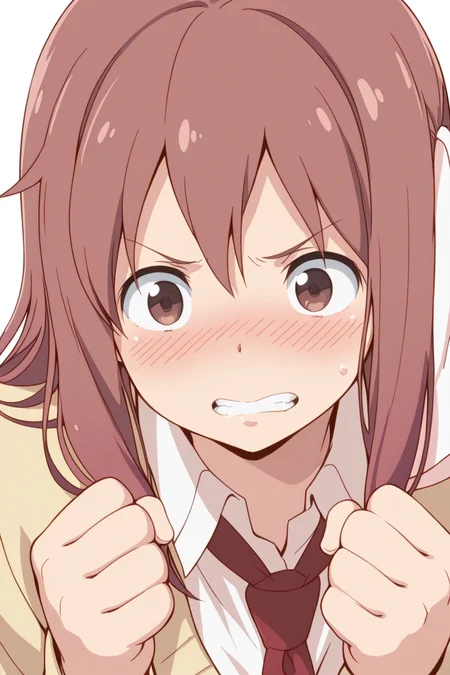 masterpiece, best quality, amazing quality,
<lora:Haruka_IL:1> haruka, 1girl, solo, necktie, school uniform, brown hair, clenched teeth, blush, parody, ribbon, hair ribbon, teeth, clenched hands, brown eyes