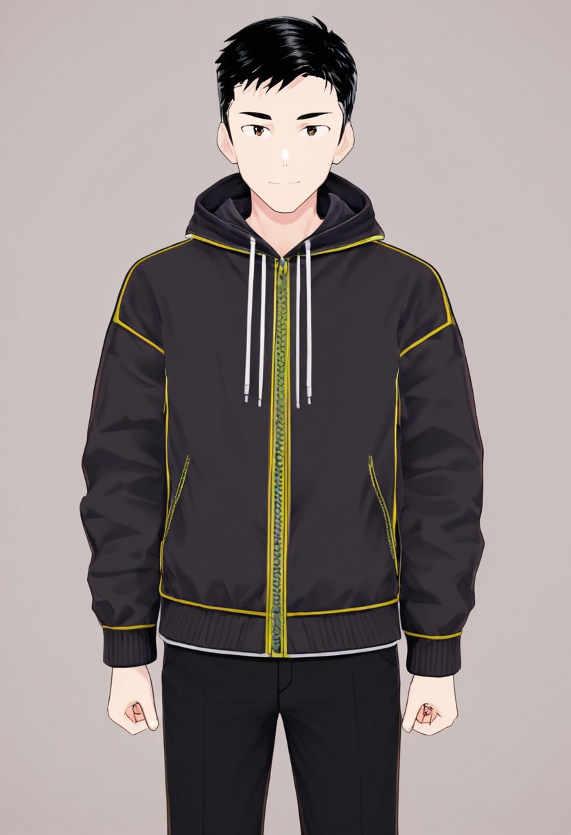 harmard, black hair, short hair, brown eyes, 1boy, solo, solo focus, jacket, black pants, young man, youthful