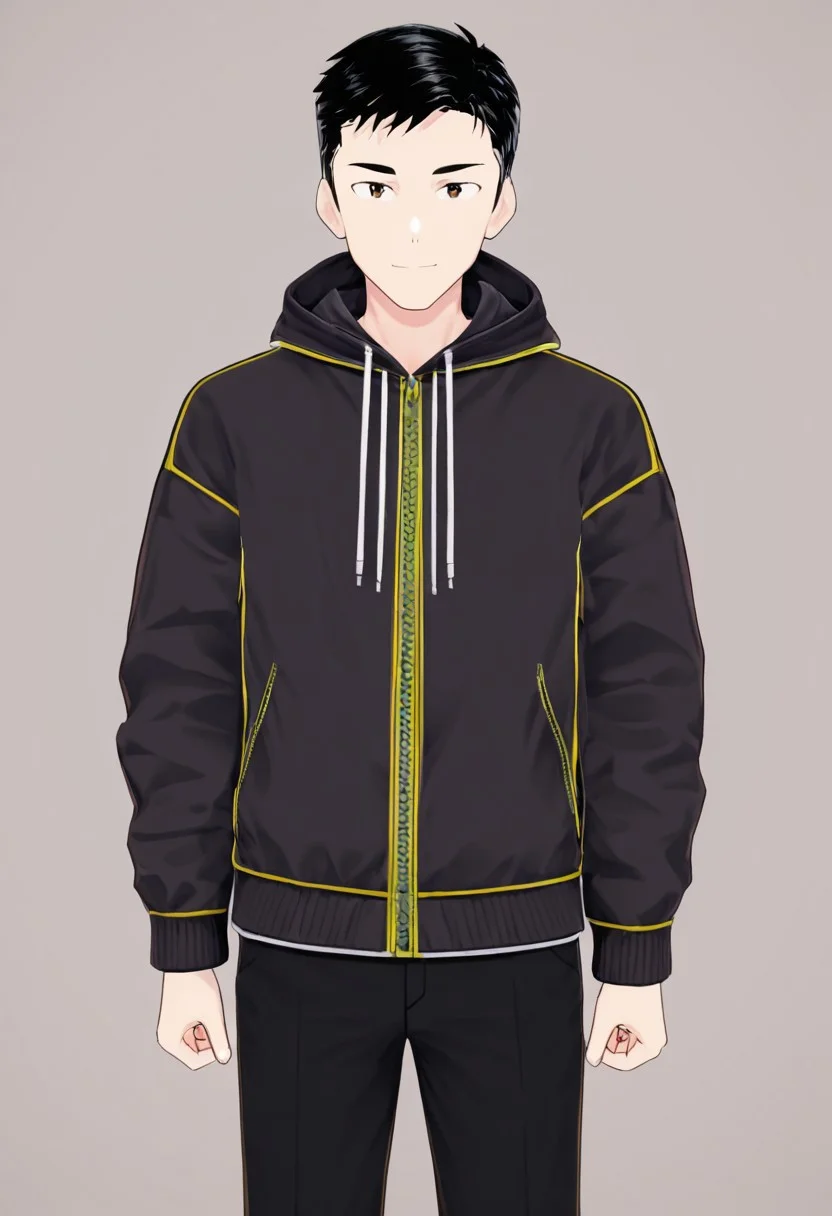harmard, black hair, short hair, brown eyes, 1boy, solo, solo focus, jacket, black pants, young man, youthful