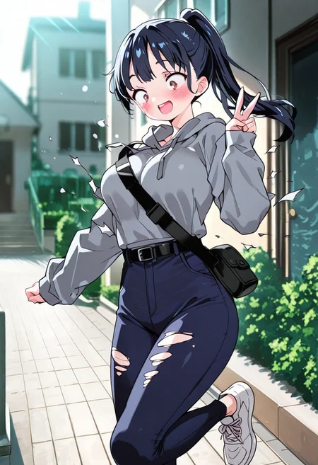 (masterpiece, best quality:1.2, very aesthetic, absurdres, amazing quality, very aesthetic, high resolution, ultra-detailed), soft_lighting, soft_skin_tone, blurry background, addmicrodetails, dutch angle,
BREAK
1girl, Yamada_Anna, brown eyes, black hair, long hair, ponytail, bluish grey hoodie with "BKYB" written in white, sleeves past wrists, dark blue pants, belt bag, white sneakers,
smile, standing on one leg, v, exploding clothes ,torn clothes, surprised, blush, looking down, wide-eyed, constricted pupils, open mouth, emphasis lines, wind,
BREAK
entrance to a building, bushes, stairs, sidewalk,