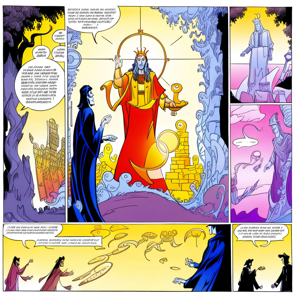A comic book page with multiple panels telling a story of gods in conversation with mortals