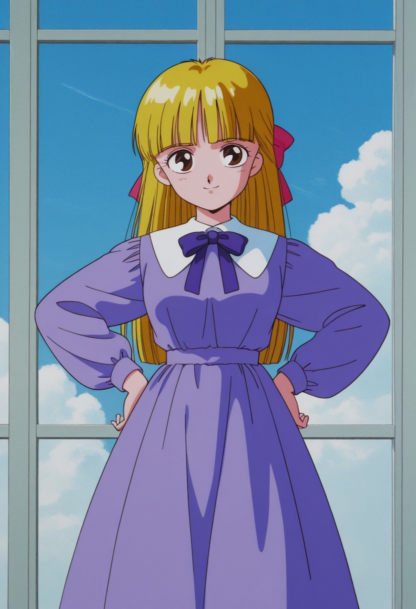 masterpiece, best quality, source_anime,official art,perfect_anatomy,1990s_\(style\),retro_artstyle,chitose,1girl,blonde hair,long hair,bangs,brown eyes,hair bow,purple dress, bow tie,long sleeves,looking_at_viewer,anguish,smile,hands on hip,cowboy shot,day,blue_sky,cloud