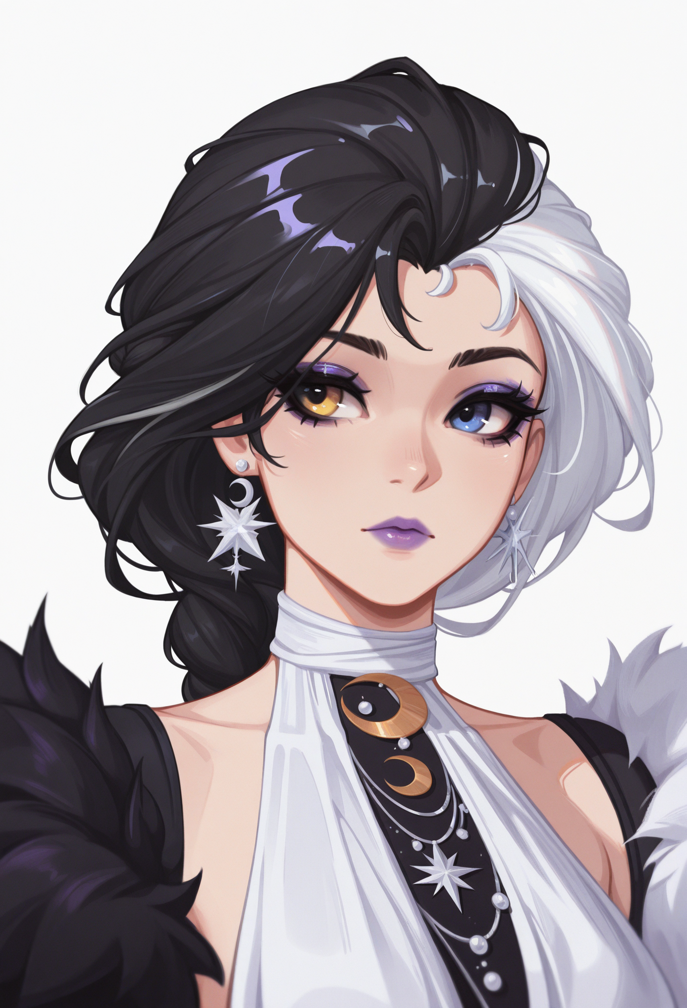 1girl, solo, white background, portrait, three quarter view, 
black hair, white hair, two-tone hair, long hair, braid, heterochromia, earrings, makeup, purple lips, 
fur trim, white dress, halter dress, detached sleeves, jewelry, crescent, asymmetrical clothes, 
masterpiece, best quality, <lora:Luna_SnowMR_NM-guy90-Illust-LoraV1:1>, mnrnul