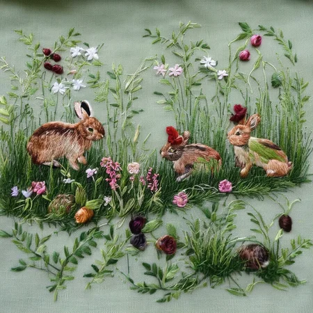 <lora:SDXL_embroidery_Sa_May_V8:1> embroidery, rabbits eat flower on spring green grass