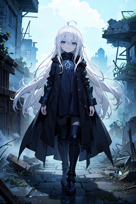 (masterpiece), 1girl, solo, ahoge, white hair, absurdly long hair, blue eyes, pale skin, hair between eyes, expressionless, half-closed eyes, flat chest, flesh armor, flesh, blue theme, horror, Hans Giger art style, dark, ruins, fantasy, grin, blue mist, black coat