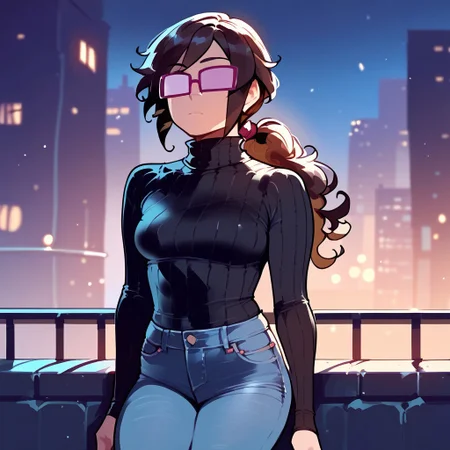 score_9, score_8_up, score_7_up
, masterpiece, beautiful, 1 girl,
Jenjenrose, GLASSES, NO PUPILS, OPAQUE GLASSES, Brown hair, ponytail ,no mouth,
BLACK SWEATER, TURTLENECK,JEANS, GRAY SHOES, city at night,
