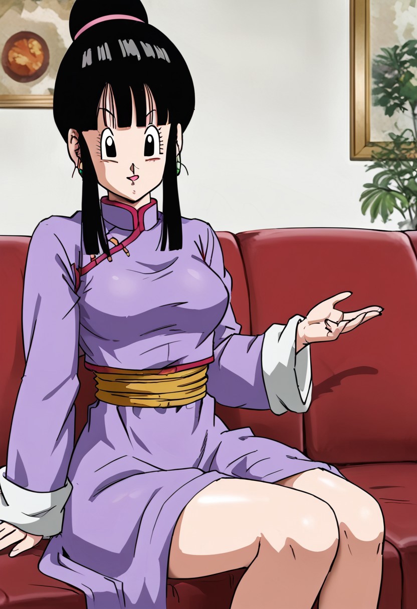 Qiqi from "Dragon Ball", 
sitting on the sofa,
long straight black hair reaching the middle and back, short square bangs, beautiful big black eyes, wearing a silk robe,