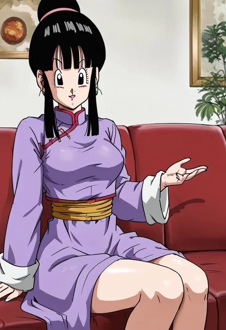 Qiqi from "Dragon Ball",
sitting on the sofa,
long straight black hair reaching the middle and back, short square bangs, beautiful big black eyes, wearing a silk robe,