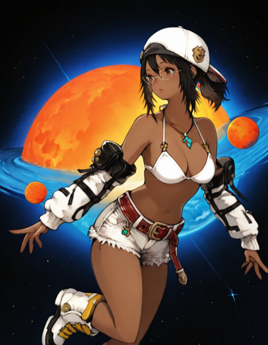 aija_bikini_top, white bikini top, aija_backward_cap, aija_detached_sleeves, aija_shorts, aija_accessories, aija_belt, aija_boots, necklace,  glasses, brown eyes, solo, Hopping, planet, 
 (vivid high contrast colors), short cartoony simplistic art style <lora:Aijalon_FFXIV_OC_Solution_9_WHM:0.7>  <lora:simanokoBXLillokrV5311P:1> simanokoB, kemomin nosuke